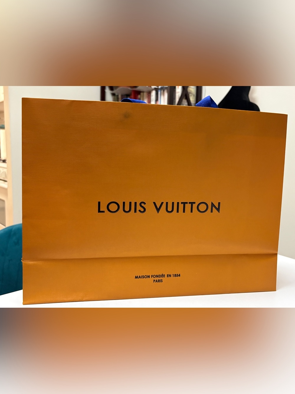 Large Louis Vuitton Orange Shopping Tote with Blue Ribbon Handles